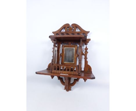 late Victorian pine and walnut wall shelf, H43cm    Condition Report   Click here for further images, condition, auction time