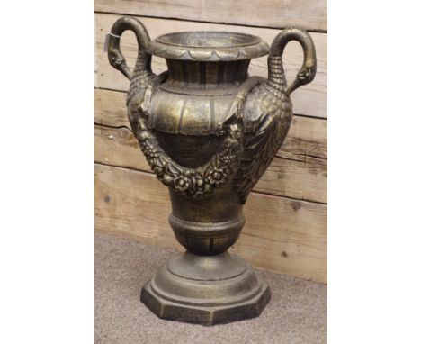 Bronze finish circular ornate cast iron centre piece urn with swan neck handles, D59cm, H69cm