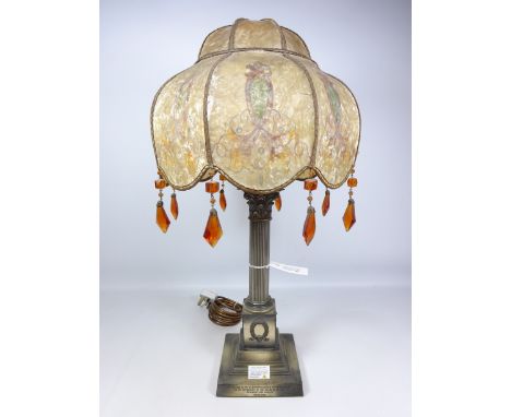 1930's cast metal corinthium column table lamp, inscribed, H36cm excluding shade    Condition Report   Click here for further