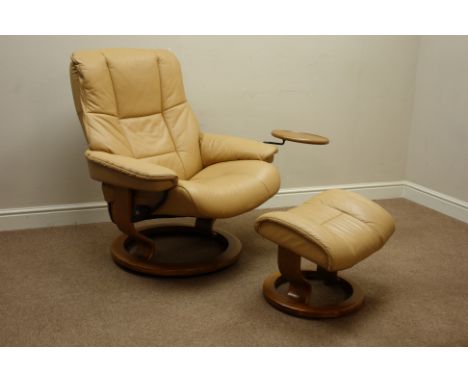 Ekornes Stressless adjustable armchair and matching stool upholstered in light tan leather, with circular table   Condition R