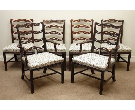 Set six Chippendale revival mahogany dining chairs, pierced waived ladder backs and stuffed over seats on carved chamfered su