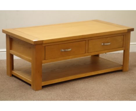 Light oak coffee table with two drawers, 60cm x 120cm, H48cm   Condition Report   Click here for further images, condition, a