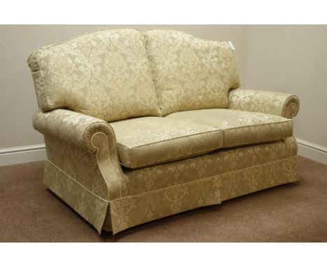 Two seat sofa upholstered in patterned fabric with scatter cushions, W166cm    Condition Report   Click here for further imag