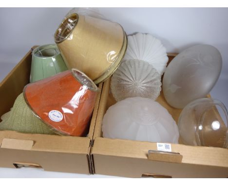 Glass light shades, silk lamp shades - as new and other shades in two boxes   Condition Report   Click here for further image