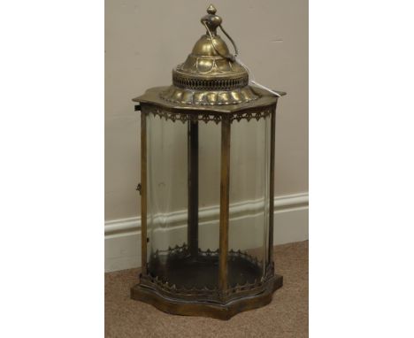 Bronzed finish circular lantern with carrying handle on stand, D34cm, H115cm