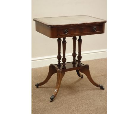 Reproduction mahogany lamp table, leather inset top, single drawer, W59cm, H68cm, D41cm   Condition Report   Click here for f