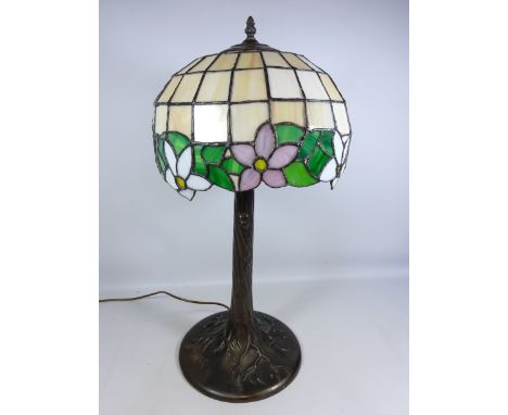 Large Tiffany style table lamp with leaded glass shade on a naturalistic metal base, H65cm  (This item is PAT tested - 5 day 