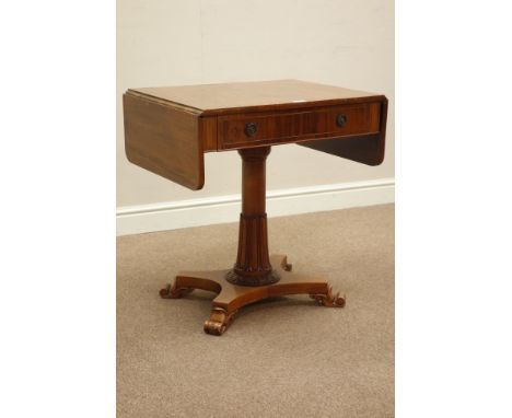 19th century rosewood drop leaf sofa table, with frieze drawer, on carved column, brass stringing, W69cm, H71cm, D51cm   Cond