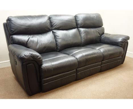 Three seat electric reclining sofa (W225cm), and matching two seat sofa (W160cm), upholstered in black leather   Condition Re