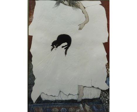 'Sue with a Cat', limited edition etching on textured paper no. 54/150 after Brenda Hartill signed titled numbered 54/150 and