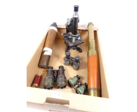 Brass two draw telescope by Dolland of London, another telescope, Beck microscope, binoculars, opera glasses and similar item