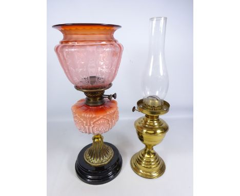 Victorian oil lamp with opaque glass reservoir with a similar coloured etched glass shade, H49cm and another oil lamp (2)   C