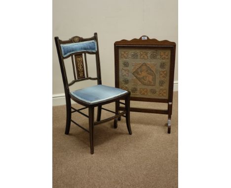 Edwardian inlaid bedroom chair and an early 20th century oak fire screen with needle work panel   Condition Report   Click he