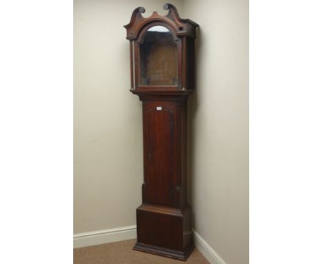 Late 18th century oak longcase clock case, break swan neck pediment above carved detail, canted corners with fluted quarter c