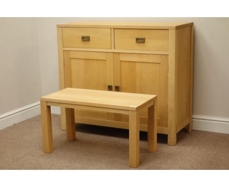 Light oak sideboard, two drawer and double cupboard (W99cm, H87cm, D41cm), and a matching table   Condition Report   Click he