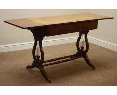 Regency style figured walnut drop leaf sofa table, two drawers, on lyre end supports connected by turned stretcher, W89cm, H7