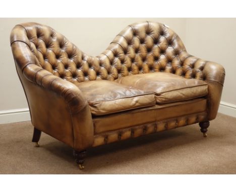 Two seat traditional sofa upholstered in deeply buttoned antique brown leather, W160cm   Condition Report   Click here for fu