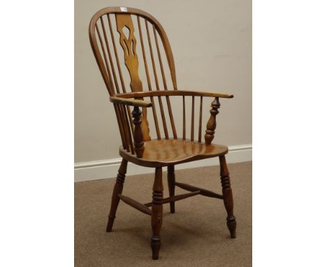 19th century elm and ash Windsor armchair, double bow, stick and splat back   Condition Report   Click here for further image