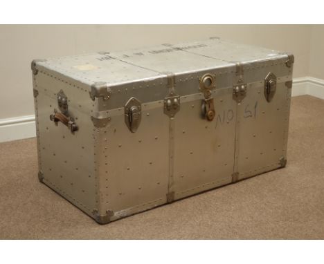 Vintage zinc travelling trunk with hinged lid and carrying handles, lined interior, W101cm, H54cm, D53cm   Condition Report  