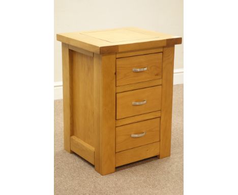 Light oak three drawer bedside chest, W45cm, H60cm, D39cm   Condition Report   Click here for further images, condition, auct