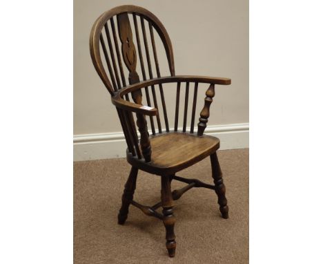 20th century oak child's Windsor armchair, double bow, stick and splat back, H73cm    Condition Report   Click here for furth