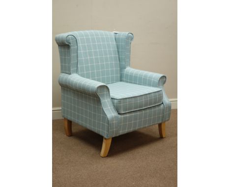 Wingback armchair upholstered in light blue checkered fabric   Condition Report   Click here for further images, condition, a