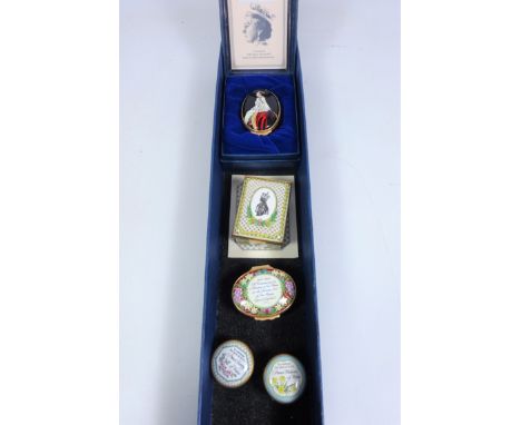 Five Commemorative enamel Halcyon Days boxes including limited edition portrait of Queen Elizabeth II and 30th Anniversary of
