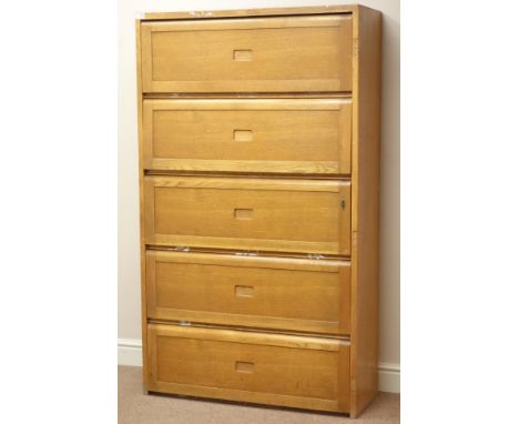 Early 20th century light oak filing cabinet, five hinged compartments, W92cm, H157cm, D36cm