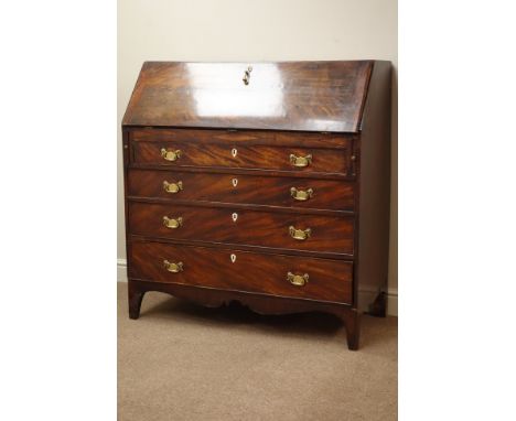 George III mahogany fall front bureau, well fitted serpentine interior, inlaid Britannia motif to cupboard, four graduating d