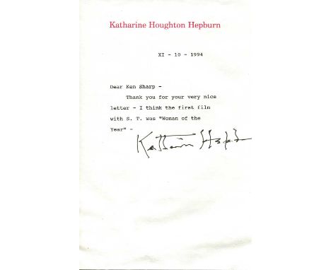 HEPBURN KATHARINE: (1907-2003) American actress, Academy Award winner. T.L.S., Katharine Hepburn, one page, 8vo, n.p., 10th N
