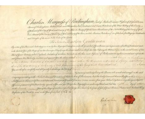 ROCKINGHAM MARQUESS OF: (1730-1782) British Prime Minister 1765-66, 1782. A good, rare D.S., Rockingham, one page (vellum), l
