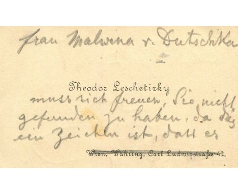 LESCHETIZKY THEODOR: (1830-1915) Austrian-Polish pianist and composer. A.L.S., Th. L, to the recto and verso of his personal 