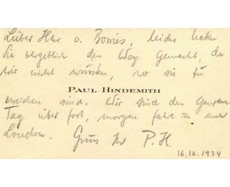 HINDEMITH PAUL: (1895-1963) German composer and conductor. A.L.S., with his initials P. H., to the recto of his personal prin