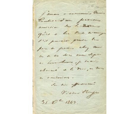 HUGO VICTOR: (1802-1885) French Poet and Novelist. A.L.S., Victor Hugo, one page, 8vo, n.p. [Paris], 31st December 1842, to M