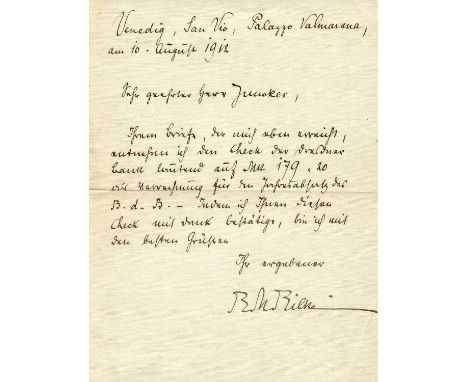 RILKE RAINER MARIA: (1875-1926) Austrian poet and novelist. A.L.S., R M Rilke, one page, 8vo, Venice, 10th August 1912, to [A