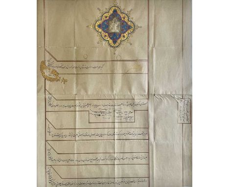 MOZAFFAR AD-DIN SHAH QAJAR: (1853-1907) Qajar Shah of Iran 1896-1907. A good, large D.S., in Persian, as Shah, within a boteh