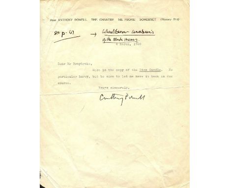 POWELL ANTHONY: (1905-2000) English novelist. A brief T.L.S., Anthony Powell, one page, 4to, The Chantry, near Frome, Somerse