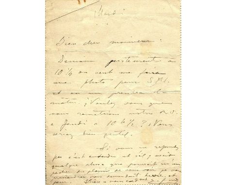 GRANADOS ENRIQUE: (1867-1916) Spanish composer and pianist. A scarce A.L.S., E Granados, one page (folding pneumatique letter
