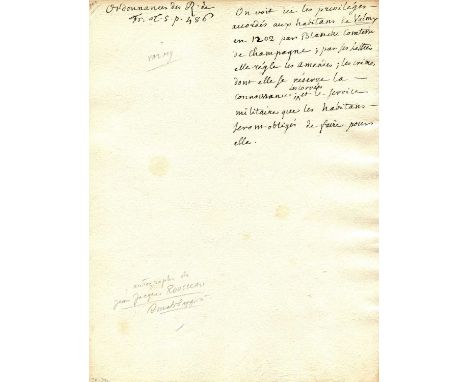 ROUSSEAU JEAN-JACQUES: (1712-1778) French Writer and Philosopher. A curious and very interesting autograph manuscript, one pa