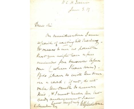 GLADSTONE WILLIAM: (1809-1898) British Prime Minister 1868-74, 1880-85, 1886 and 1892-94. A.L.S., W E Gladstone, one page, 8v