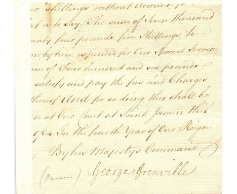 GRENVILLE GEORGE: (1712-1770) British Prime Minister 1763-65. Ink signature (´George Grenville´) at the foot of a small 8vo p