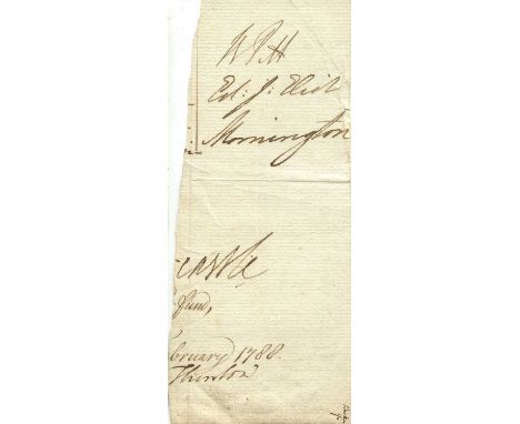 PITT WILLIAM: (1759-1806) The Younger. British Prime Minister 1783-1801, 1804-06. Ink signature (´W Pitt´) at the head of a s