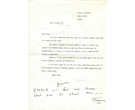 CHATWIN BRUCE: (1940-1989) English travel writer, novelist and journalist. A scarce T.L.S., Bruce, one page, 4to, Siena, Ital