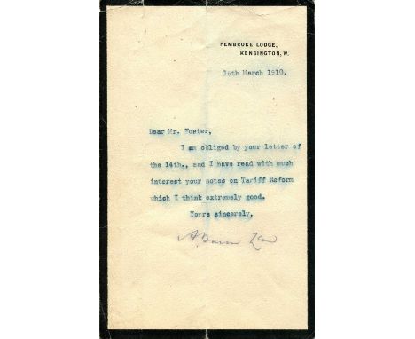 LAW ANDREW BONAR: (1858-1923) British Prime Minister 1922-23. T.L.S., A. Bonar Law, one page, small 8vo, Pembroke Lodge, Kens