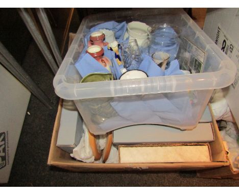 A box of glassware including carnival glass, three pink lamp shades, vases, etc 