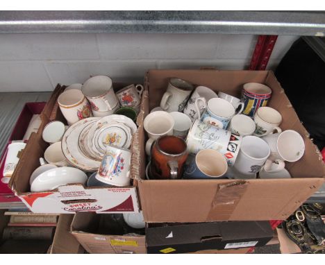 Two boxes of mainly commemorative cups, saucers etc. 
