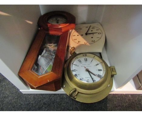 A Regulator 'A' 31-day clock with key together with a battery operated brass cased porthole clock and ceramic mantel clock wi