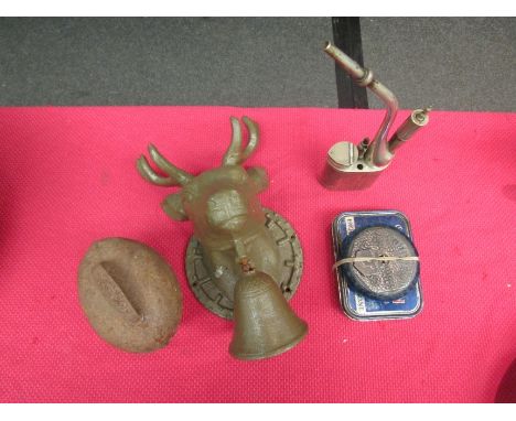 A cast metal stag-form door bell, Chinese opium pipe and record needle tins and cleaner 