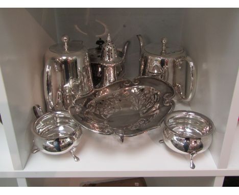 A selection of plated wares including part tea service, pierced dish, sugar castor etc. 