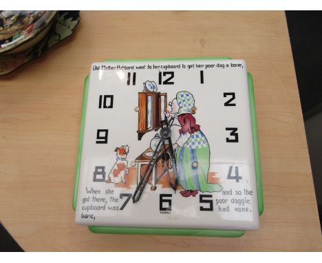 A German ceramic wall timepiece, colourfully painted, depicting 'Old Mother Hubbard' and her dog with the words of the nurser
